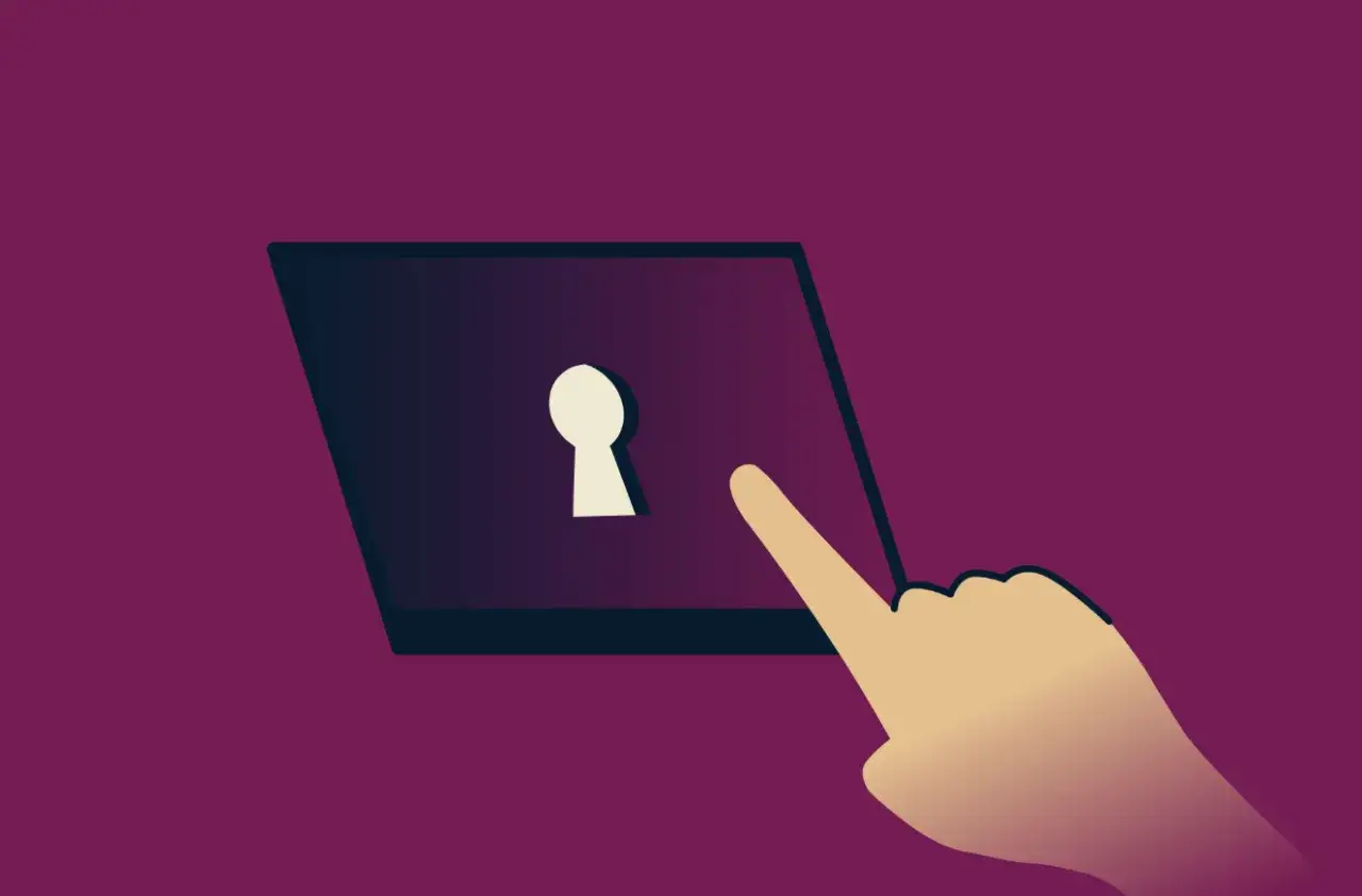 Dłoń dotyka ekranu z symbolem klucza, jakby odblokowywała dostęp. To jak cyberghost, który chroni Twoje dane.