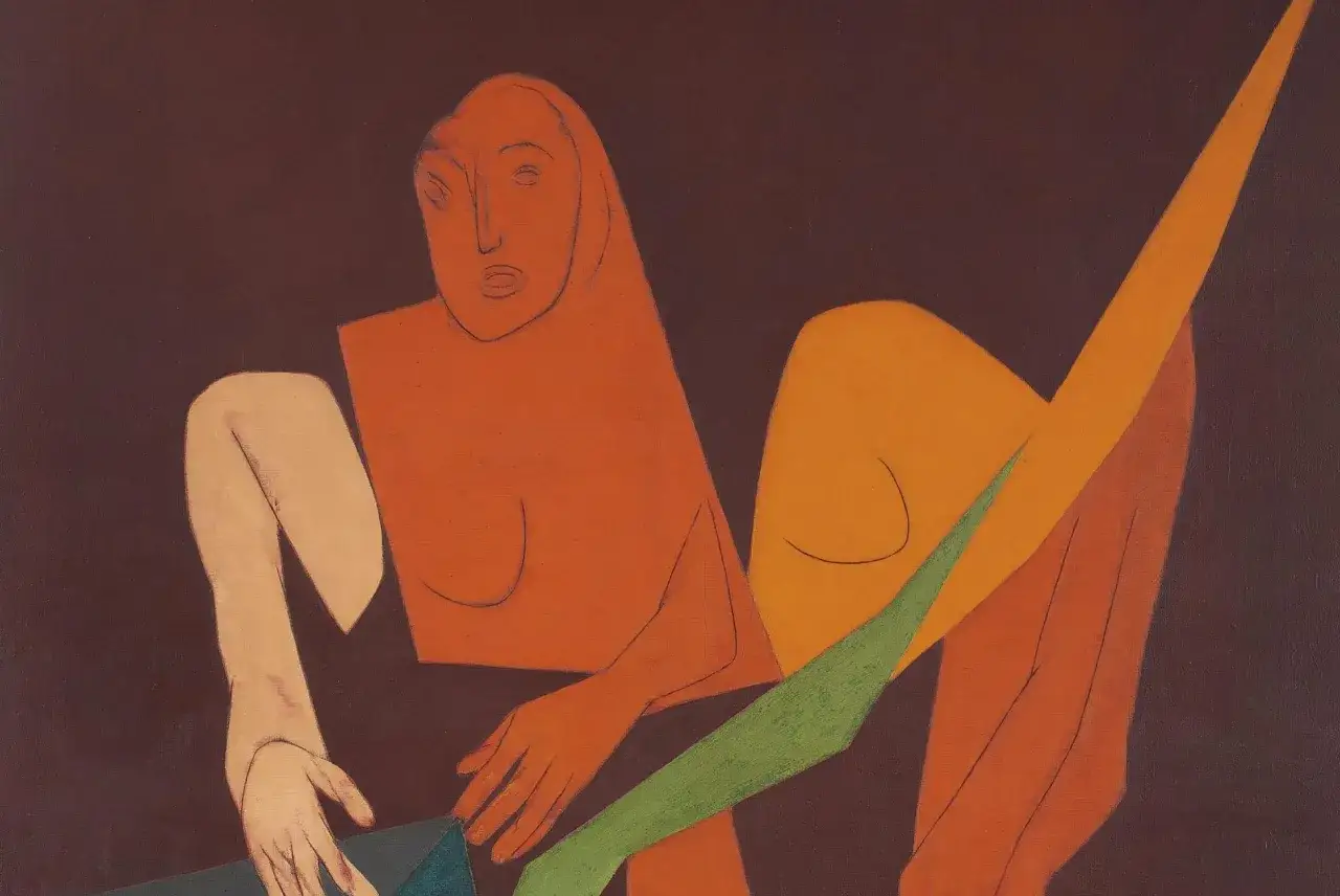 Abstract figures in warm tones, a striking example of modern Indian art, evoke a sense of contemplation and connection.