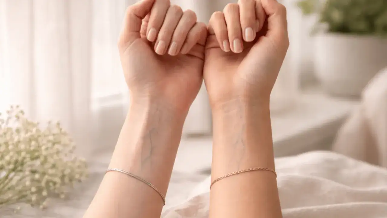 Mains délicates aux ongles vernis ton nude, ornées de fins bracelets. Douceur et élégance.