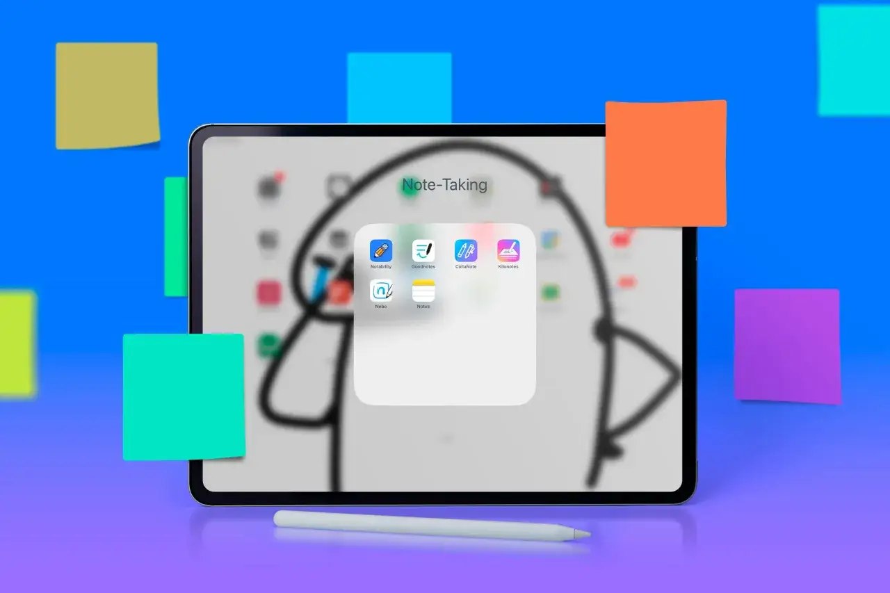 Tablet z kolorowymi karteczkami i ikonami aplikacji do robienia notatek, takich jak Notability, Goodnotes, Collanote, Kilonotes, Nebo i Notes.