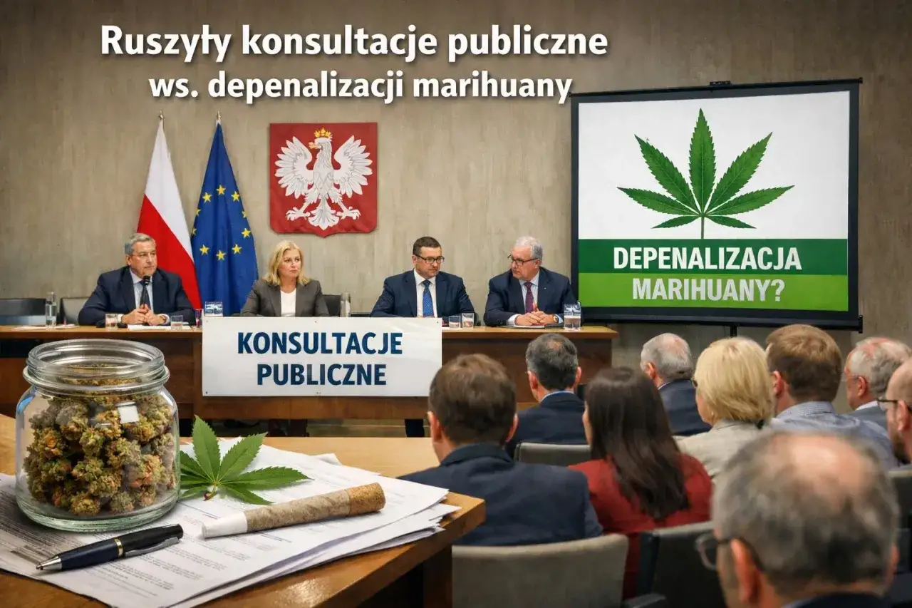 Dyskusja o legalizacji marihuany: na stole słoik z suszem, joint i liść. Na ekranie symbol liścia i napis 