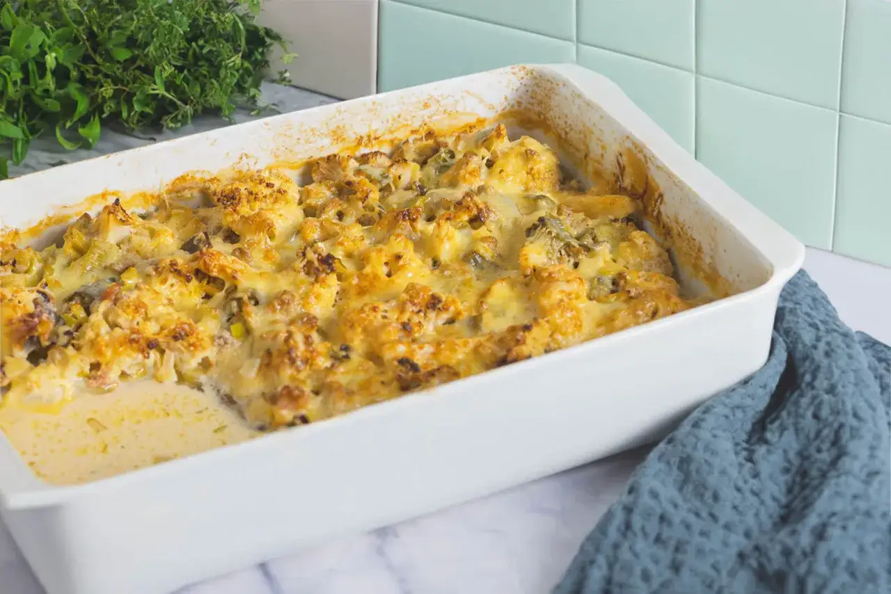 Herzhafter blumenkohlauflauf mit hackfleisch, &uuml;berbacken mit goldbraunem K&auml;se. Ein k&ouml;stliches Gericht, das zum Genie&szlig;en einl&auml;dt.