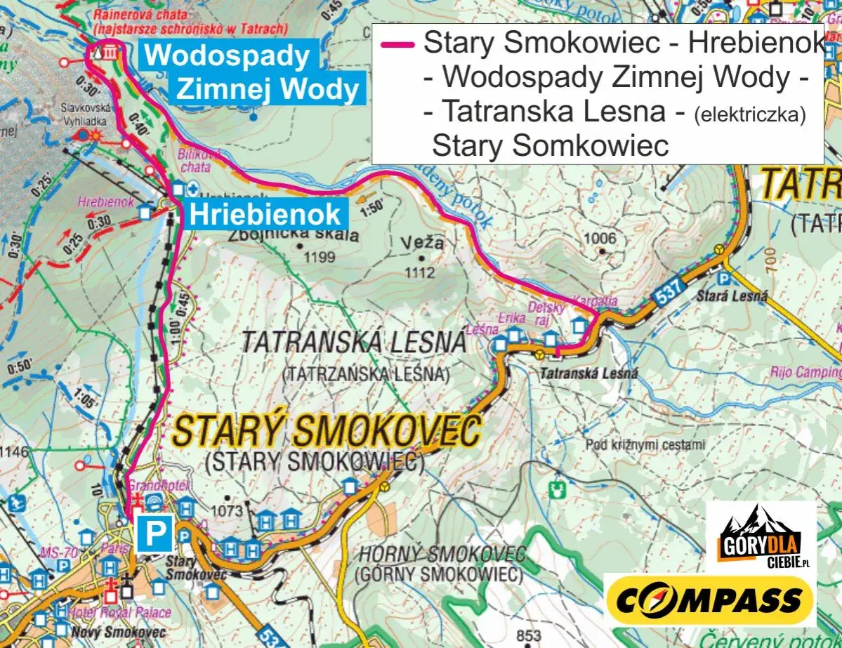 Mapa turystyczna Tatr z zaznaczonymi szlakami, w tym do Wodospadów Zimnej Wody, blisko granicy z Polską.