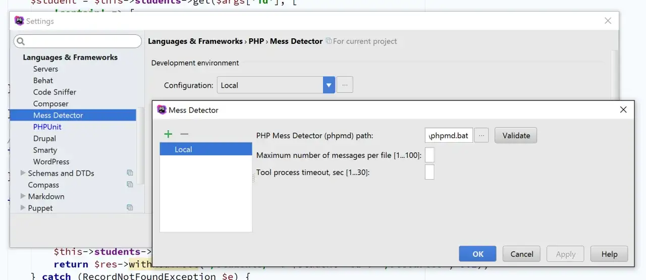 Konfiguracja narzędzia PHP Mess Detector w IDE, kluczowa dla czystego kodu PHP.