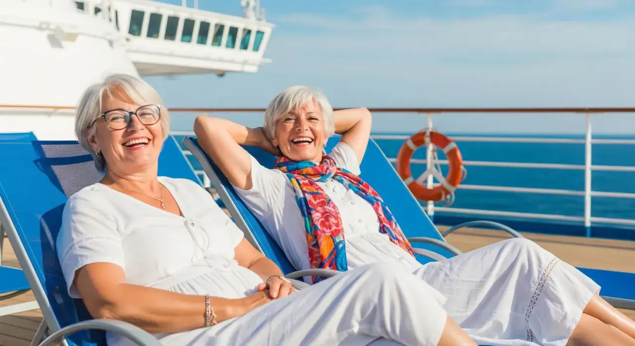 Deux femmes profitent du soleil sur un pont de bateau, illustrant des loisirs pour jeunes retrait&eacute;s. Elles rient, d&eacute;tendues sur des chaises bleues, avec la mer en arri&egrave;re-plan.
