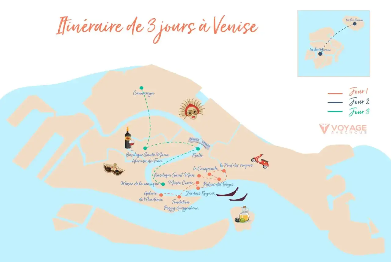 Carte illustrant un itinéraire de 3 jours à Venise, avec des points d'intérêt comme le Rialto, la Basilique Saint-Marc et les îles Murano.