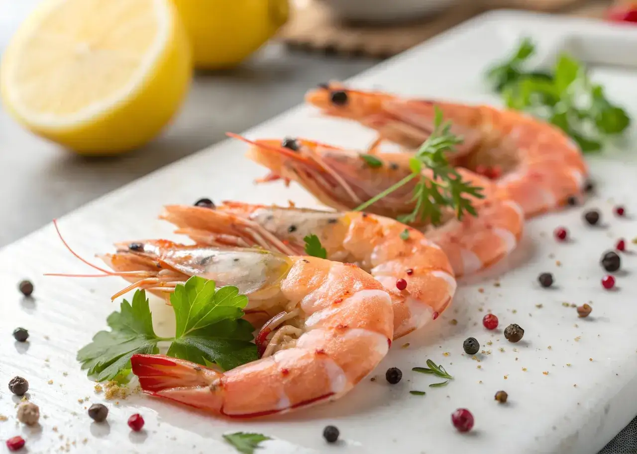Gambas frescas listas para una deliciosa receta. Limón y perejil acompañan este plato.