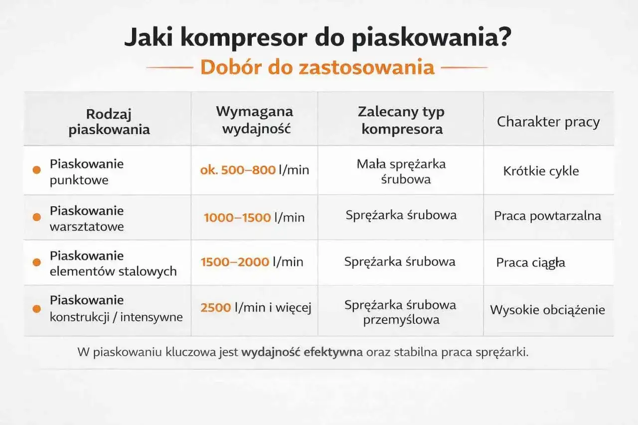Tabela por&oacute;wnuje rodzaje piaskowania, wymaganą wydajność i zalecany typ kompresora. Kluczowe jest jakie ciśnienie do piaskowania, by dobrać odpowiednią sprężarkę.