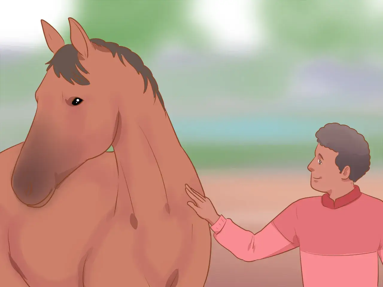 Un homme caresse doucement le flanc d'un cheval brun. Le lien entre l'homme et le cheval est palpable.