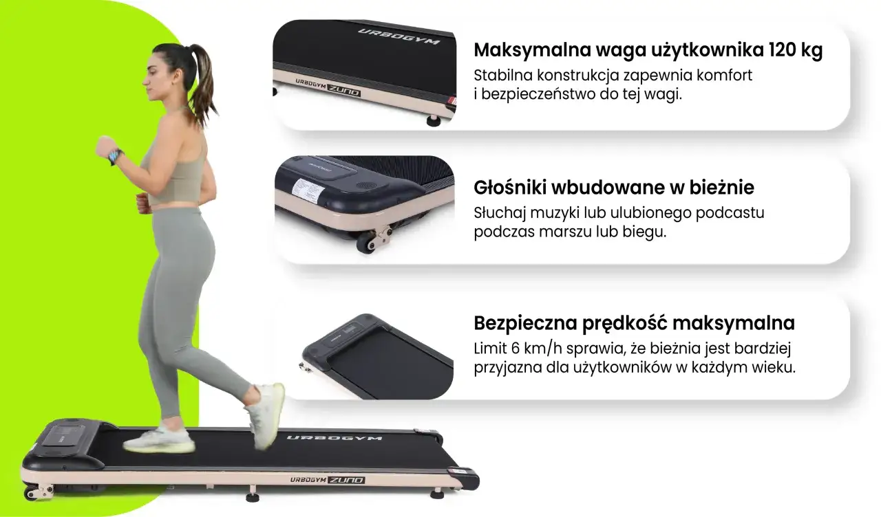 Kobieta wykonuje trening na bieżni URBOGYM ZUNO, kt&oacute;ra ma wbudowane głośniki i bezpieczną prędkość maksymalną.