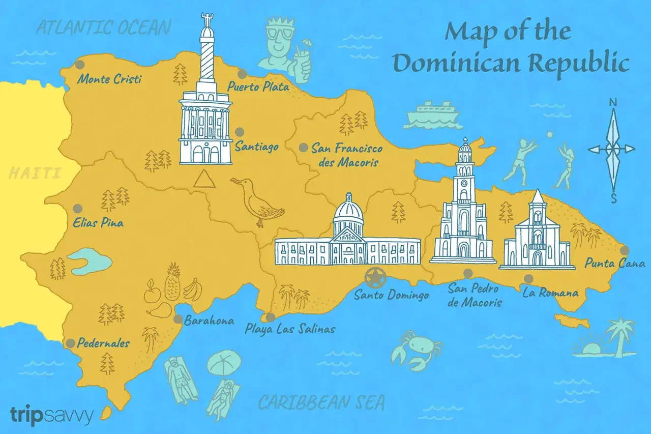 Mapa Dominikany z zaznaczonymi miastami jak Santo Domingo, Punta Cana, Puerto Plata. Widoczne wybrzeża Oceanu Atlantyckiego i Morza Karaibskiego.