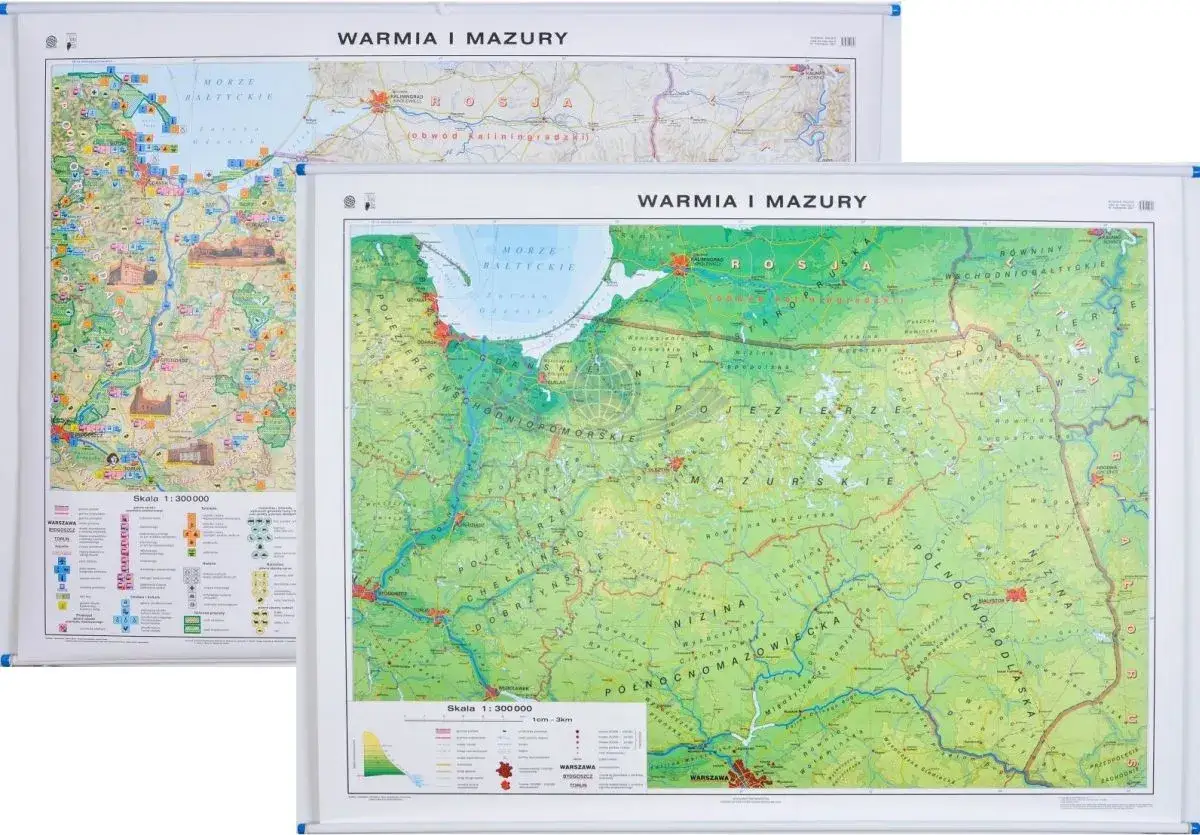 Dwie mapy regionu Warmia i Mazury pokazują, gdzie są Mazury, z zaznaczonym Morzem Bałtyckim, jeziorami i miastami.