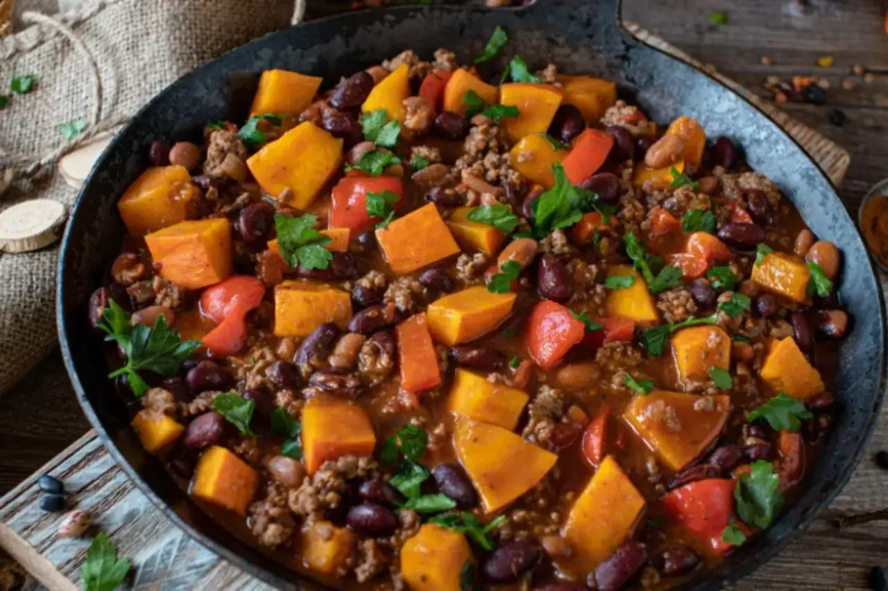 Rozgrzewające chili con carne z kawałkami dyni muscat, fasolą i mielonym mięsem, posypane natką pietruszki.