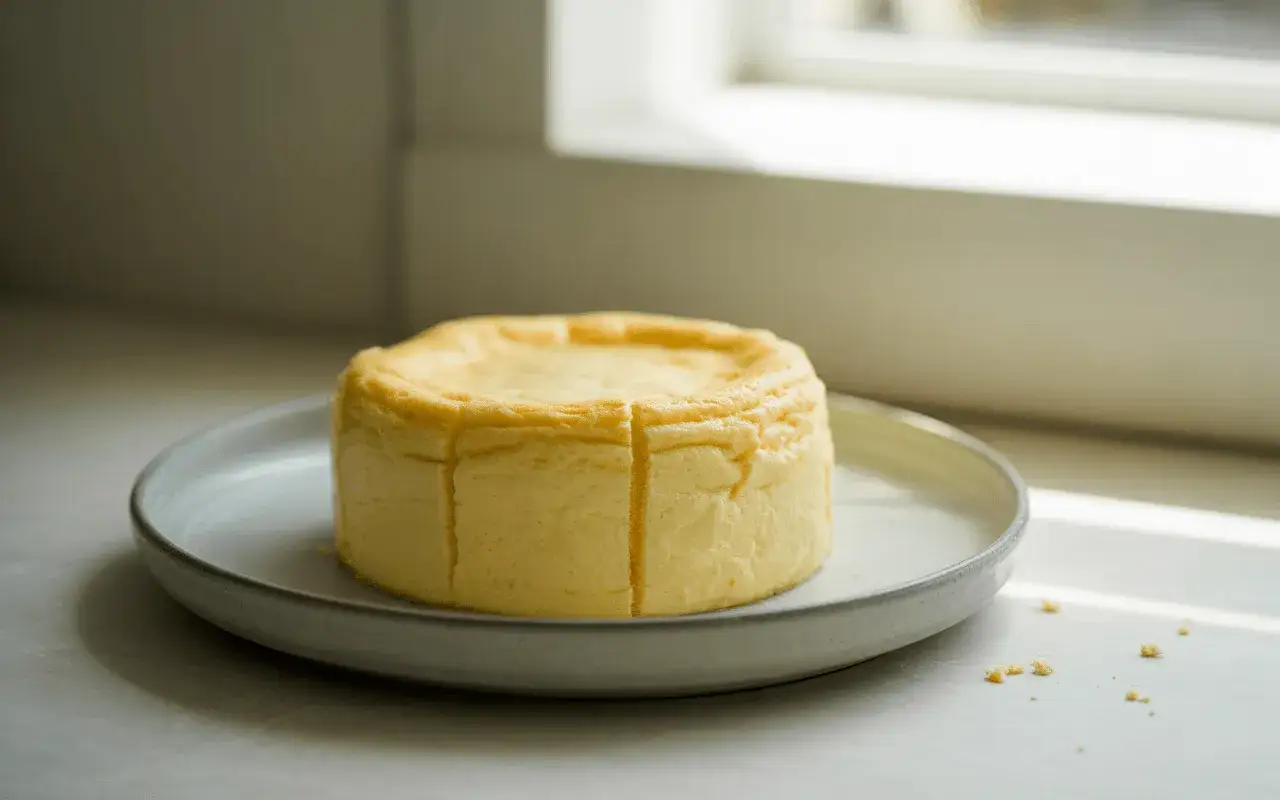 Un d&eacute;licieux cheesecake japonais, l&eacute;ger et a&eacute;rien, coup&eacute; en quatre parts sur une assiette grise, baign&eacute; par la lumi&egrave;re du soleil.