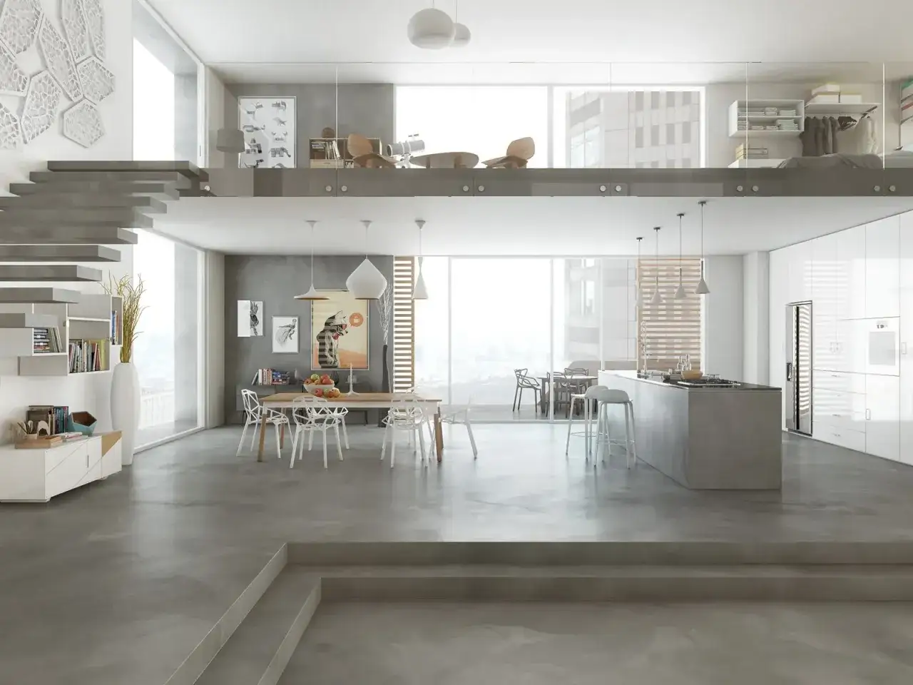 Ampio soggiorno moderno con cucina a vista, caratterizzato da eleganti pavimenti resina interni che creano un ambiente minimalista e luminoso.
