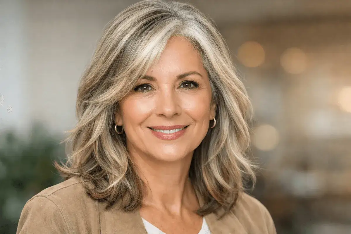 Mujer sonriente con cabello rubio y canas entremezcladas, un estilo que muestra cómo disimular las canas con elegancia.