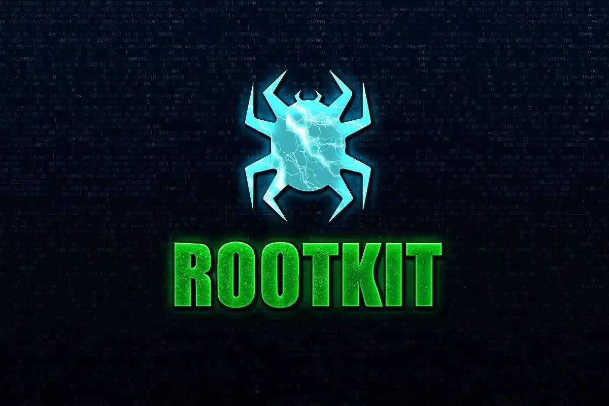 Grafika z napisem ROOTKIT i symbolem pająka. Dowiedz się, co to jest rootkit i jak działa.