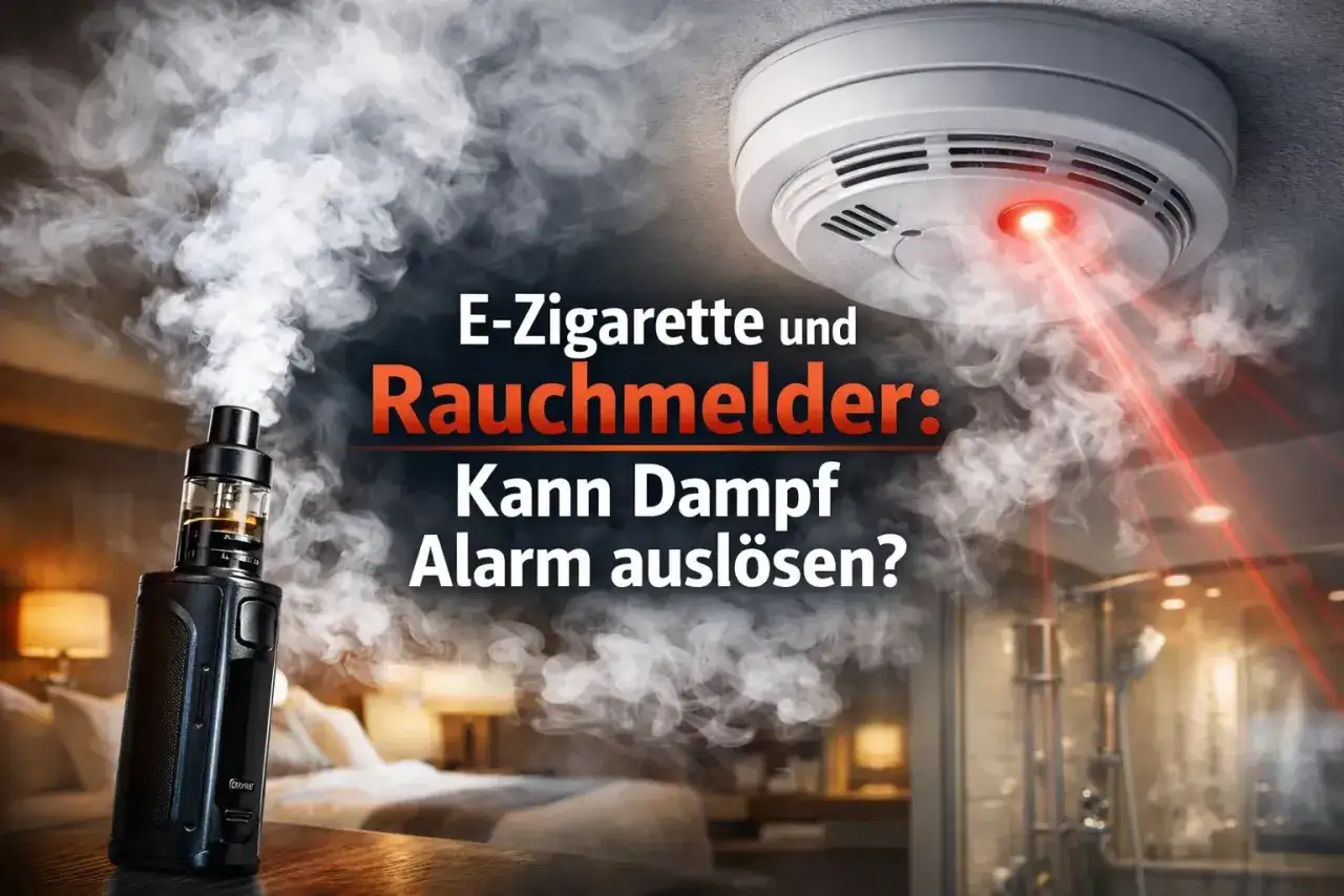 E-Zigarette und Rauchmelder: Dampf kann Alarm auslösen. Ein Rauchmelder mit rotem Laserstrahl reagiert auf aufsteigenden Dampf.