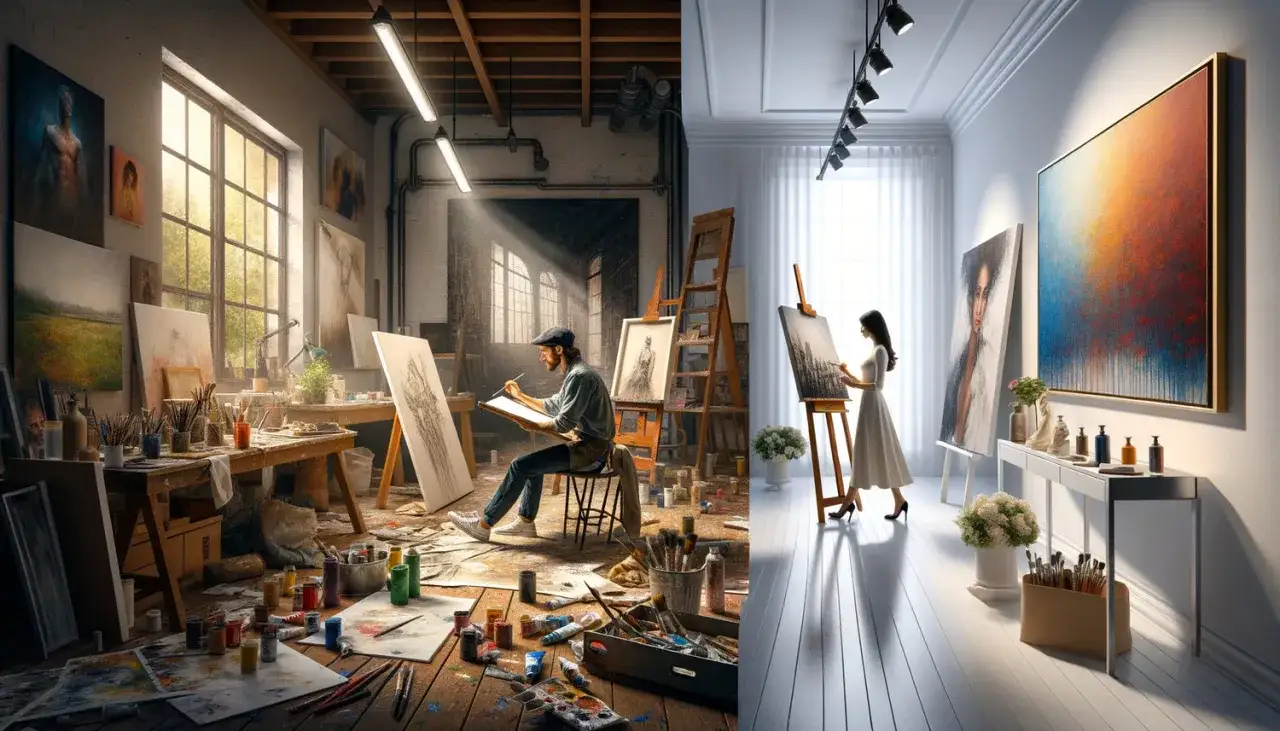 Deux ateliers d'artistes contrastés : l'un bohème et lumineux, l'autre épuré et moderne. On y voit des peintres à l'œuvre, soulevant la question : combien gagne un artiste peintre ?