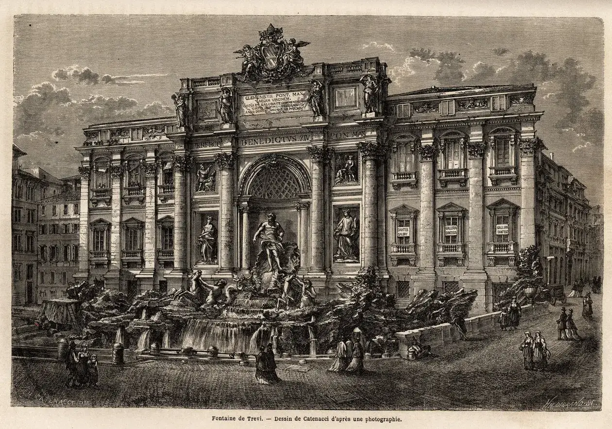 La **Fontana di Trevi** in un'incisione d'epoca. Figure mitologiche e cascate d'acqua dominano la scena, con persone che passeggiano nella piazza.
