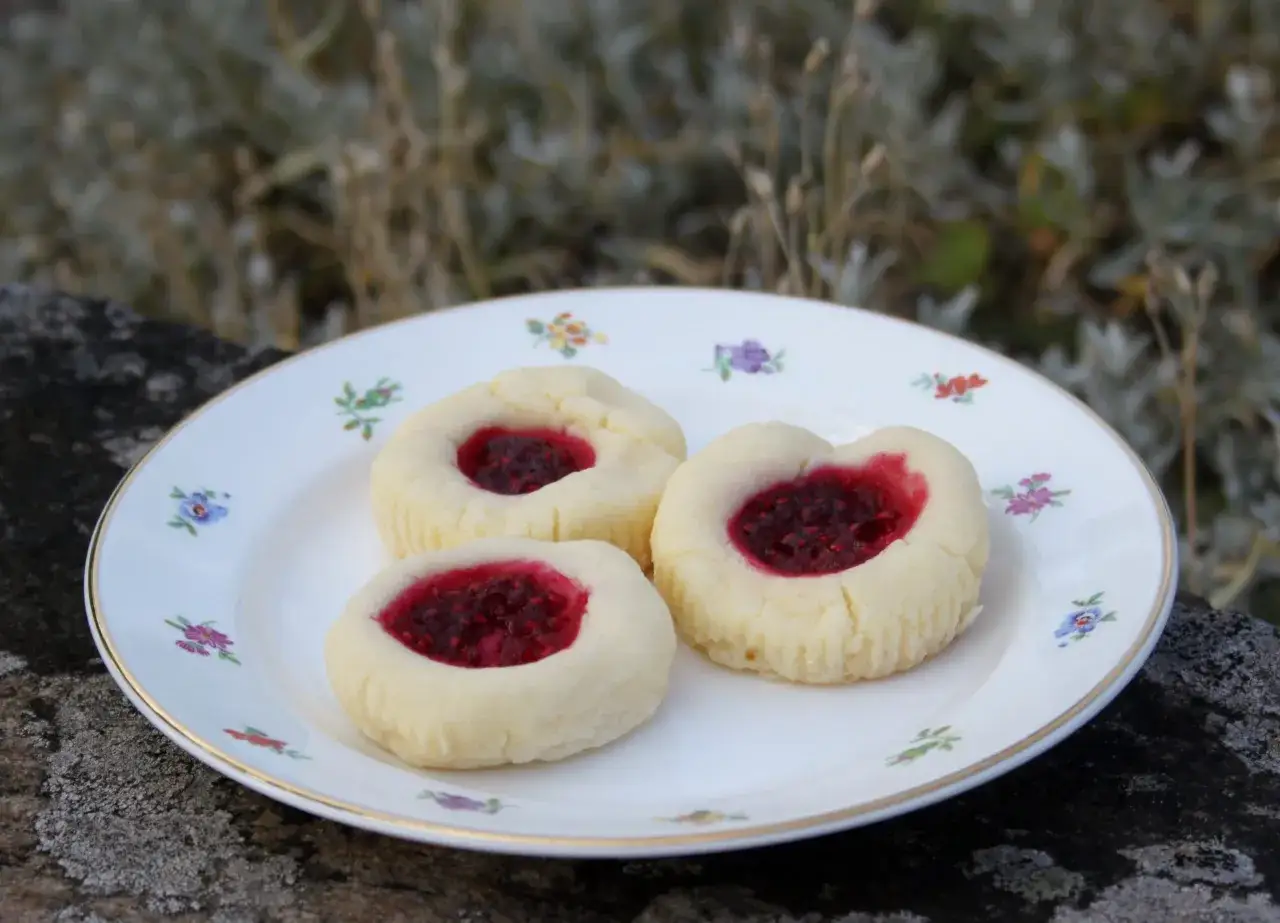 Tre glutenfria hallongrottor med sylt p&aring; en blommig tallrik.