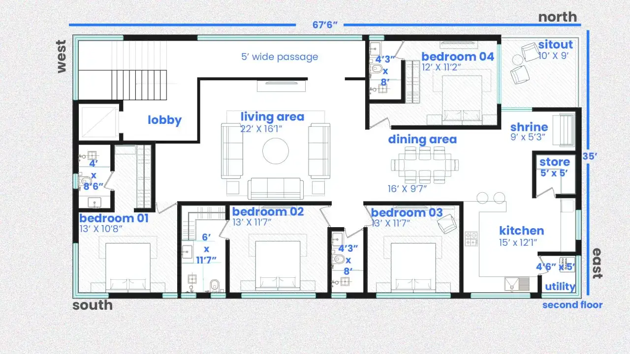 Floor plan with dimensions for each room, showing how to measure room for furniture. Includes living area, bedrooms, kitchen, and more.
