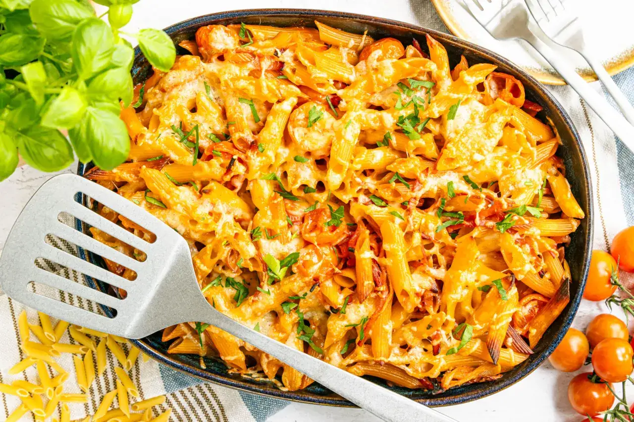 Leckerer Nudelauflauf ohne Vorkochen, mit geschmolzenem Käse und frischen Kräutern garniert. Ein schnelles und einfaches Gericht für jeden Tag.
