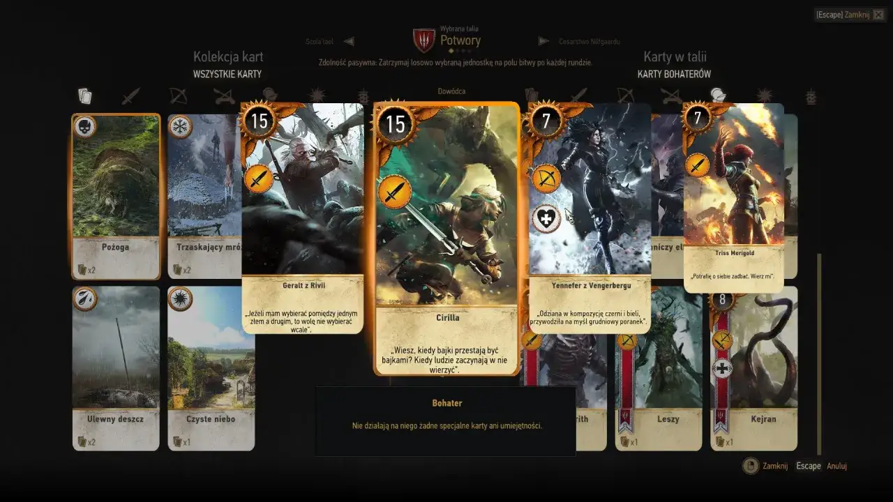 Kolekcja kart do Gwinta: Pożoga, Trzaskający mróz, Geralt z Rivii, Cirilla, Yennefer z Vengerbergu, Triss Merigold, Ulewny deszcz, Czyste niebo, Leszy, Kejran.