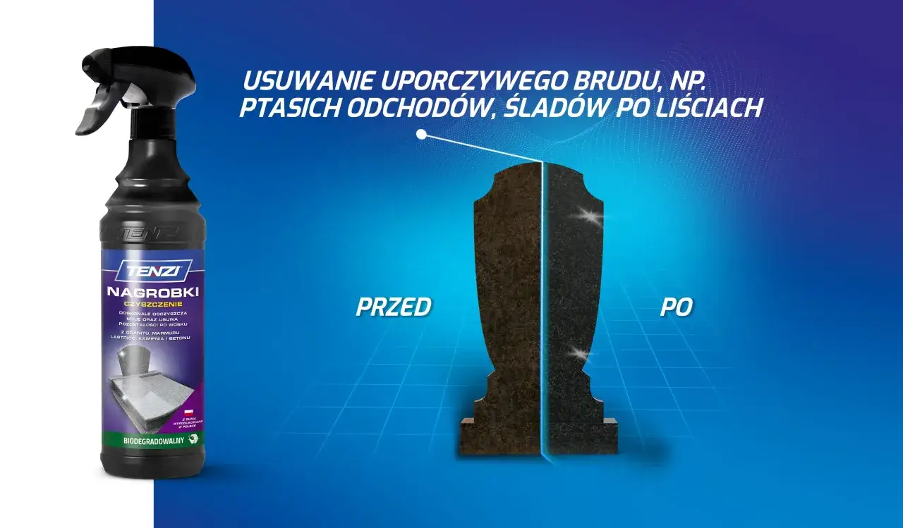 Preparaty do czyszczenia nagrobków, jak ten w sprayu, to niezbędne akcesoria do pielęgnacji, które warto mieć w aucie, by szybko usunąć uporczywy brud.