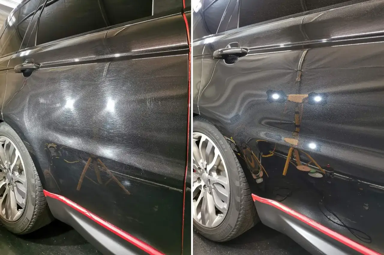 Prima e dopo: la lucidatura auto professionale trasforma una carrozzeria opaca e graffiata in una superficie specchiata e brillante.