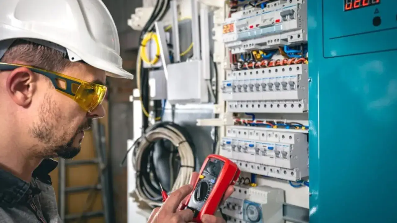 Elektryk z multimetrem przy rozdzielnicy. Sprawdź nasze pomiary elektryczne cennik.