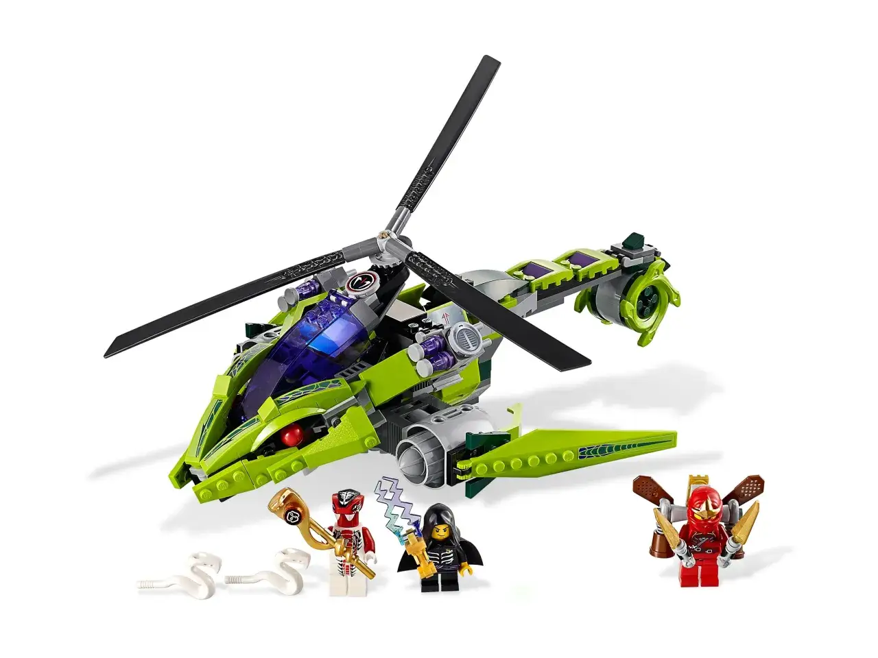Zielony helikopter z zestawu Lego Ninjago 9443, z trzema postaciami i wężami.