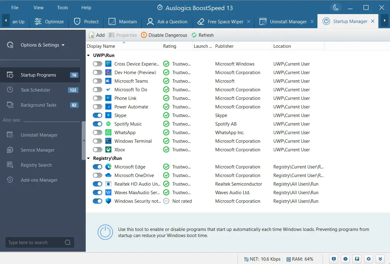Zarządzanie autostartem Windows 10 w Auslogics BoostSpeed. Lista programów uruchamianych przy starcie systemu, z możliwością ich włączania/wyłączania.