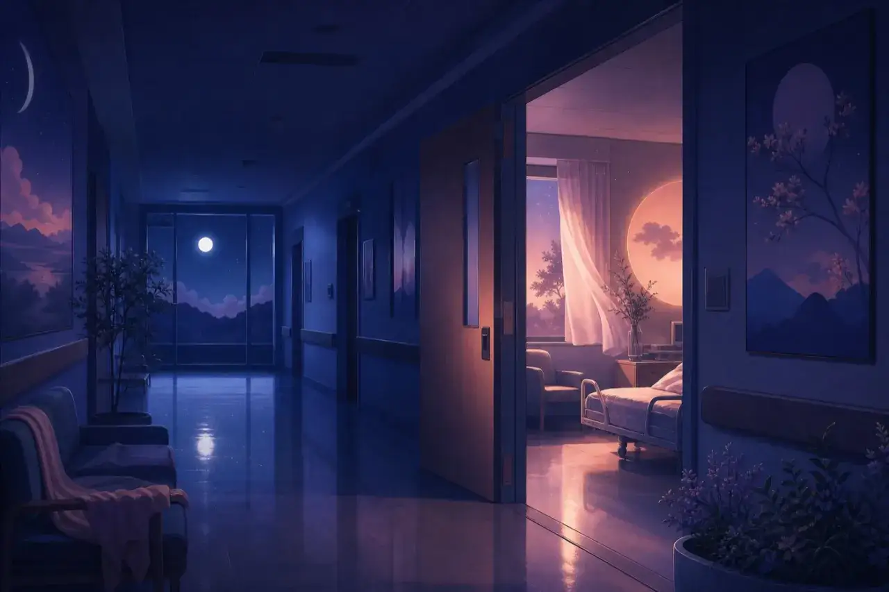 Un pasillo de hospital de noche, con una ventana que muestra la luna y montañas. Una puerta abierta revela una habitación con una cama y una vista del atardecer. Es como soñar con hospital.