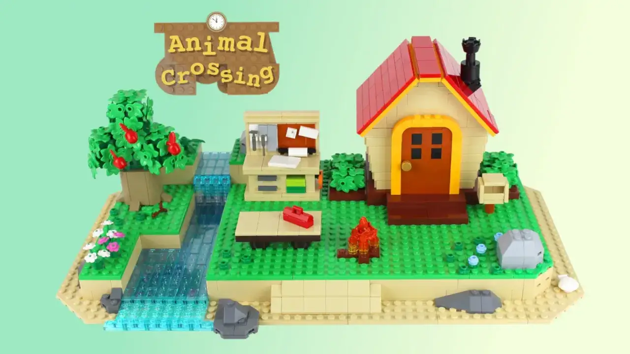Ein detailreiches Lego-Modell einer idyllischen Szene aus Animal Crossing mit Haus, Baum, Fluss und Werkbank.