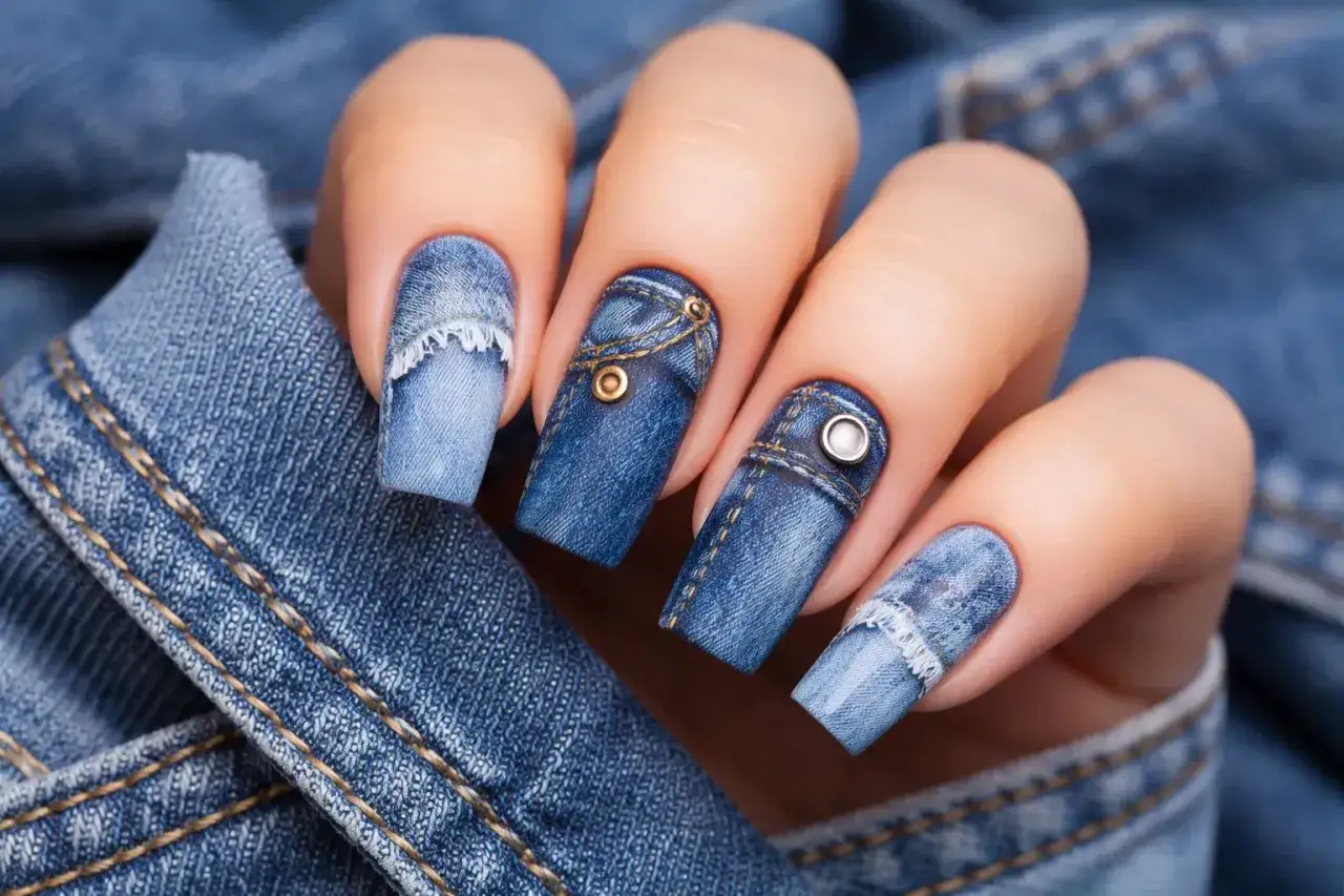 Paznokcie jeansowe z detalami jak kieszonki i guziki, stylizowane na denim.