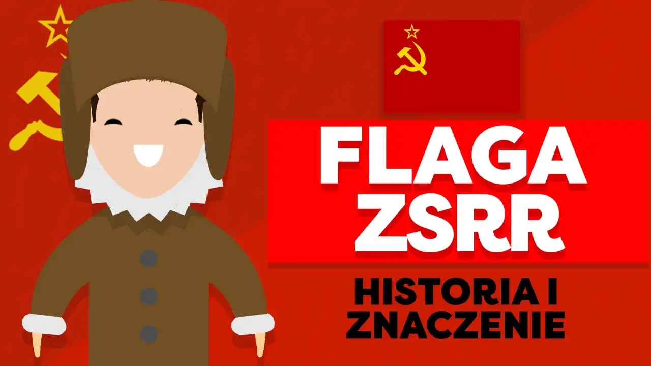 Uśmiechnięta postać w czapce uszatce na tle flagi ZSRR. Napis 