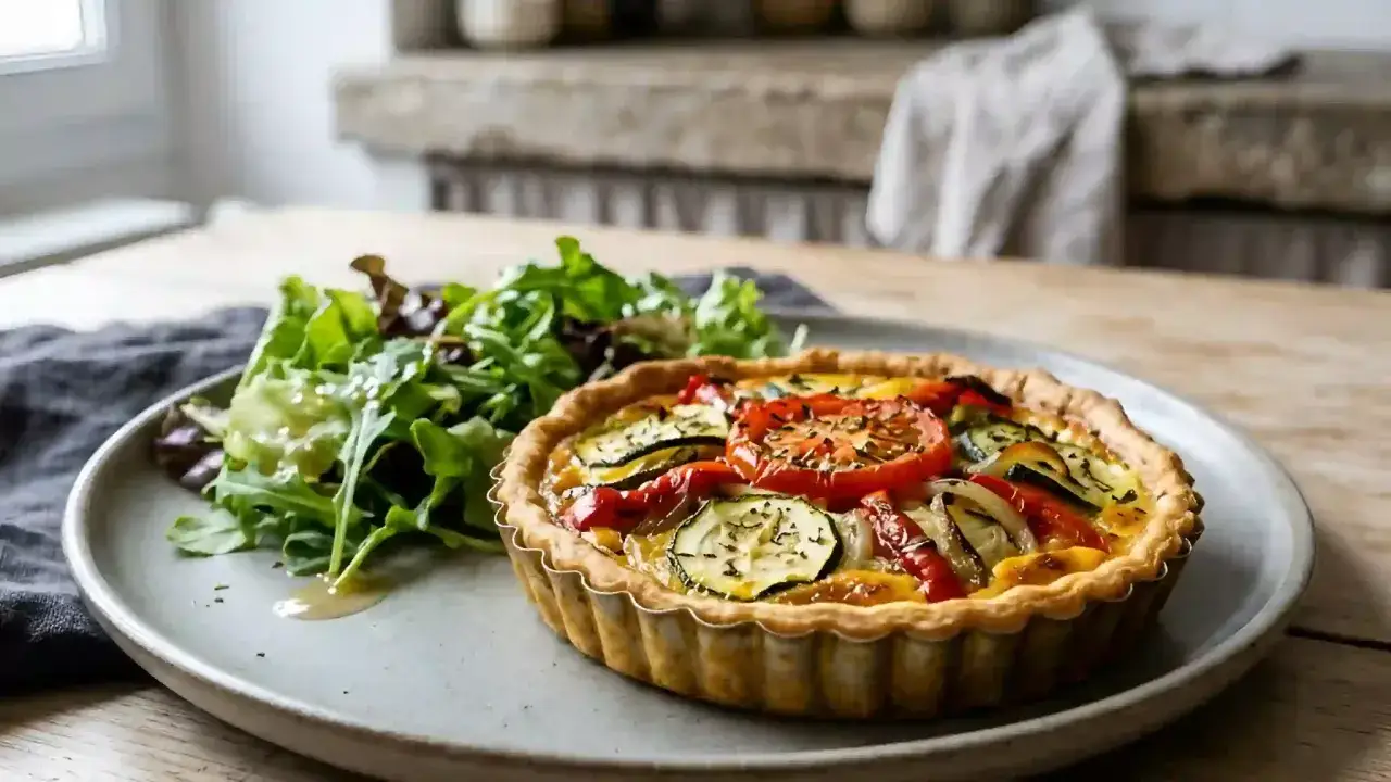 Une d&eacute;licieuse quiche aux l&eacute;gumes, garnie de courgettes, tomates et poivrons, servie avec une salade verte fra&icirc;che.