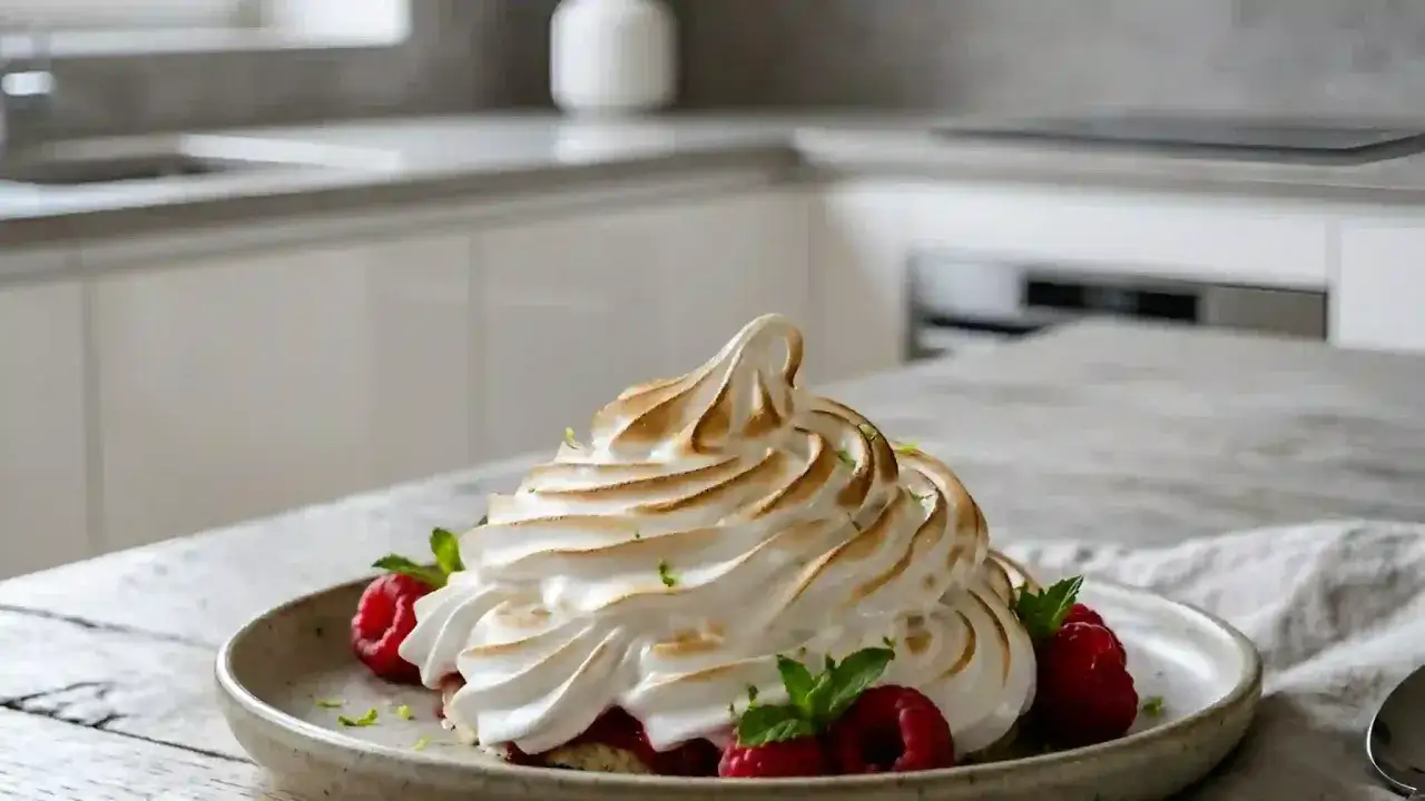 Dessert gourmand avec une généreuse meringue italienne dorée, garni de framboises fraîches et de menthe.