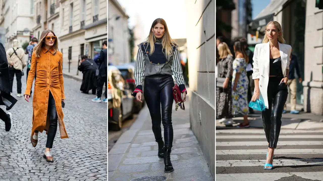 Drei Frauen zeigen, wie man lederleggings kombiniert: mit orangefarbenem Mantel, auff&auml;lligem Oberteil oder wei&szlig;em Blazer.
