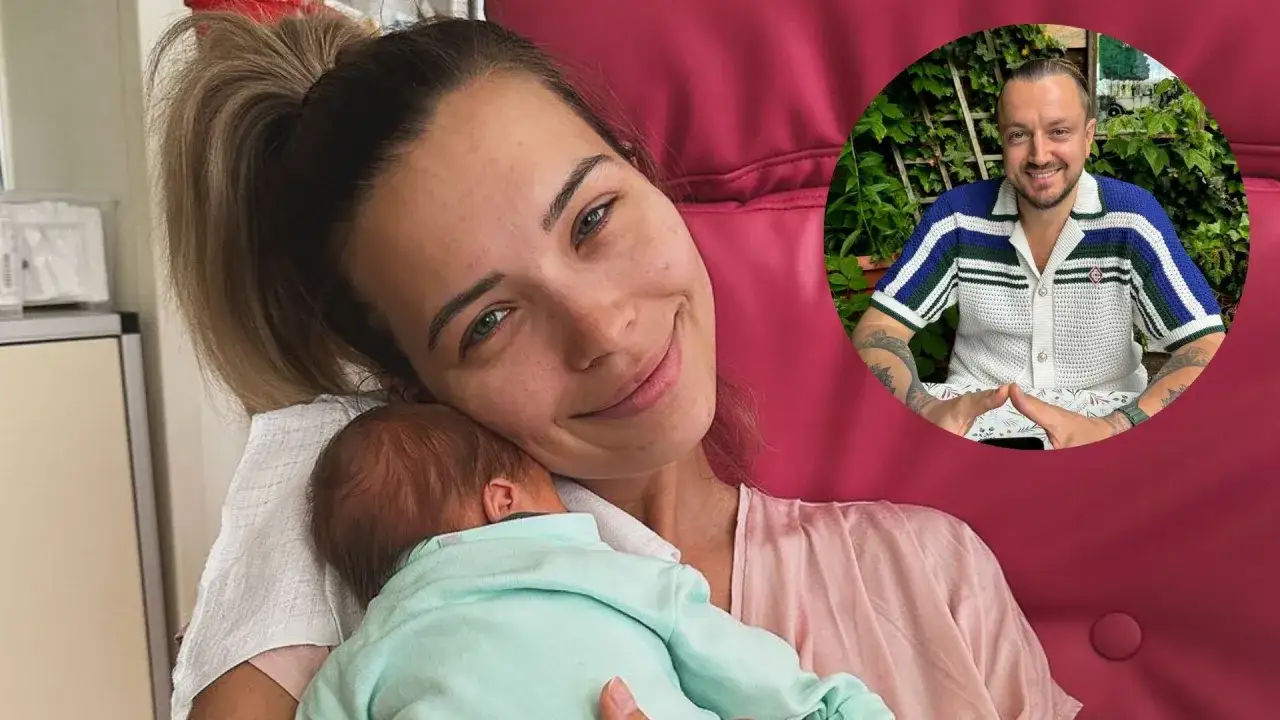 Sandra Kubicka urodziła! Szczęśliwa mama tuli noworodka, a w okręgu uśmiechnięty partner.