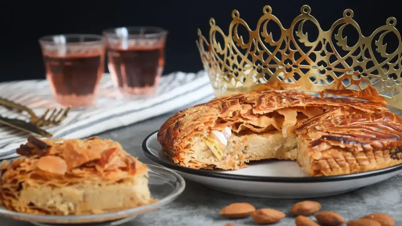 Une galette des rois dor&eacute;e, pr&ecirc;te &agrave; &ecirc;tre d&eacute;gust&eacute;e avec un verre de cidre ou de jus de fruits. Parfait pour savoir que boire avec galette des rois.