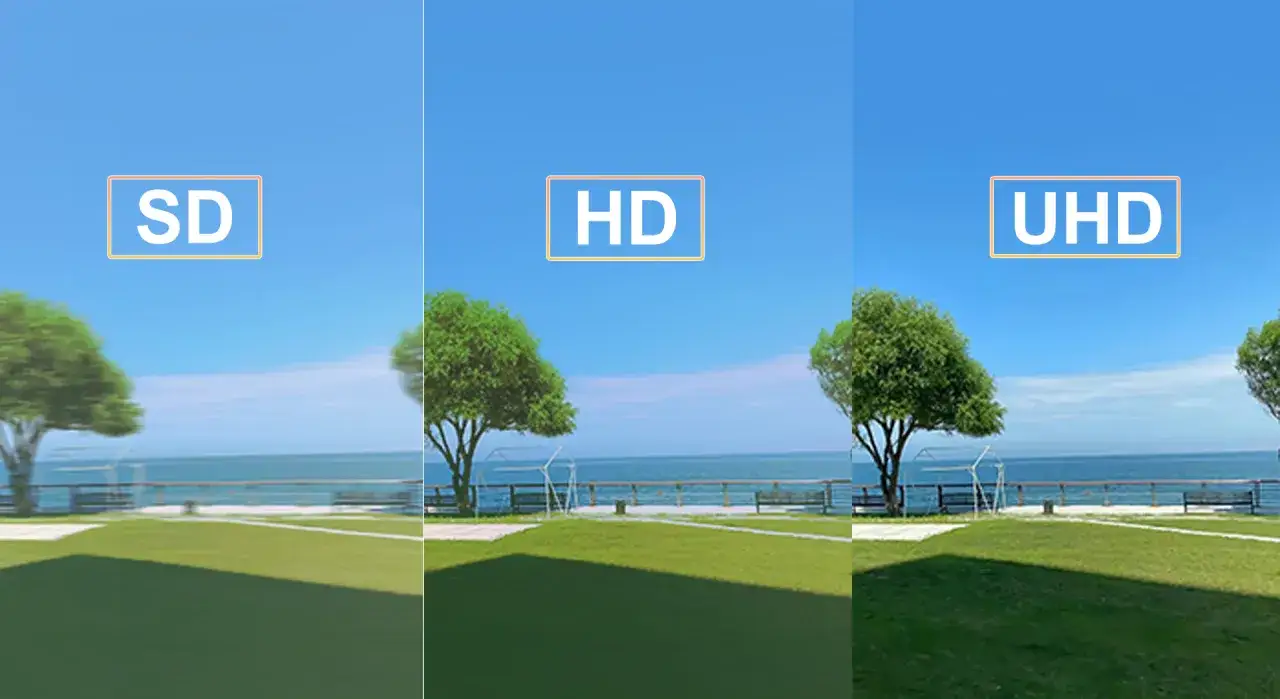 Por&oacute;wnanie jakości obrazu: od rozmytego SD do wyraźnego UHD. Widok na morze i drzewa.