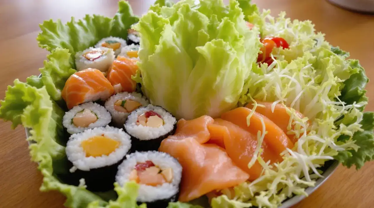 Talerz sushi z łososiem i warzywami. Wokół roladek z ryżem i nori ułożono liście sałaty lodowej i fryz, tworząc zieloną oprawę. Idealna sałata do sushi!