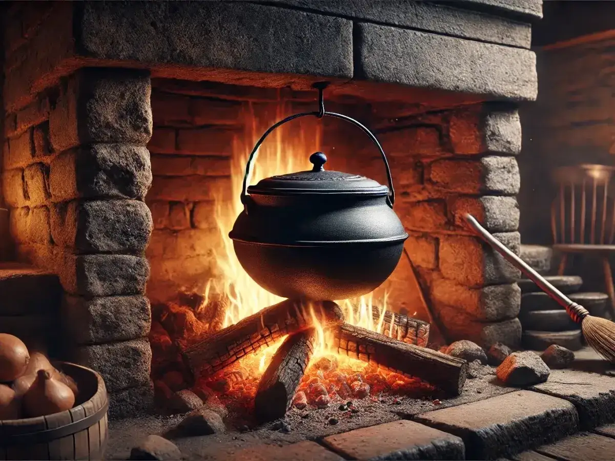 Marmite suspendue au-dessus d'un feu de bois crépitant, évoquant la cuisine rustique et les saveurs authentiques.