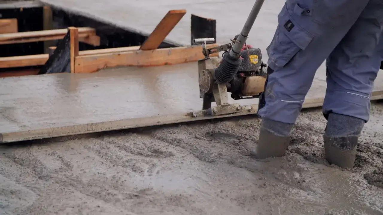 Pracownik wyrównuje świeży beton za pomocą wibratora. Kluczowe jest, jak długo podlewać strop, by zapewnić jego trwałość.