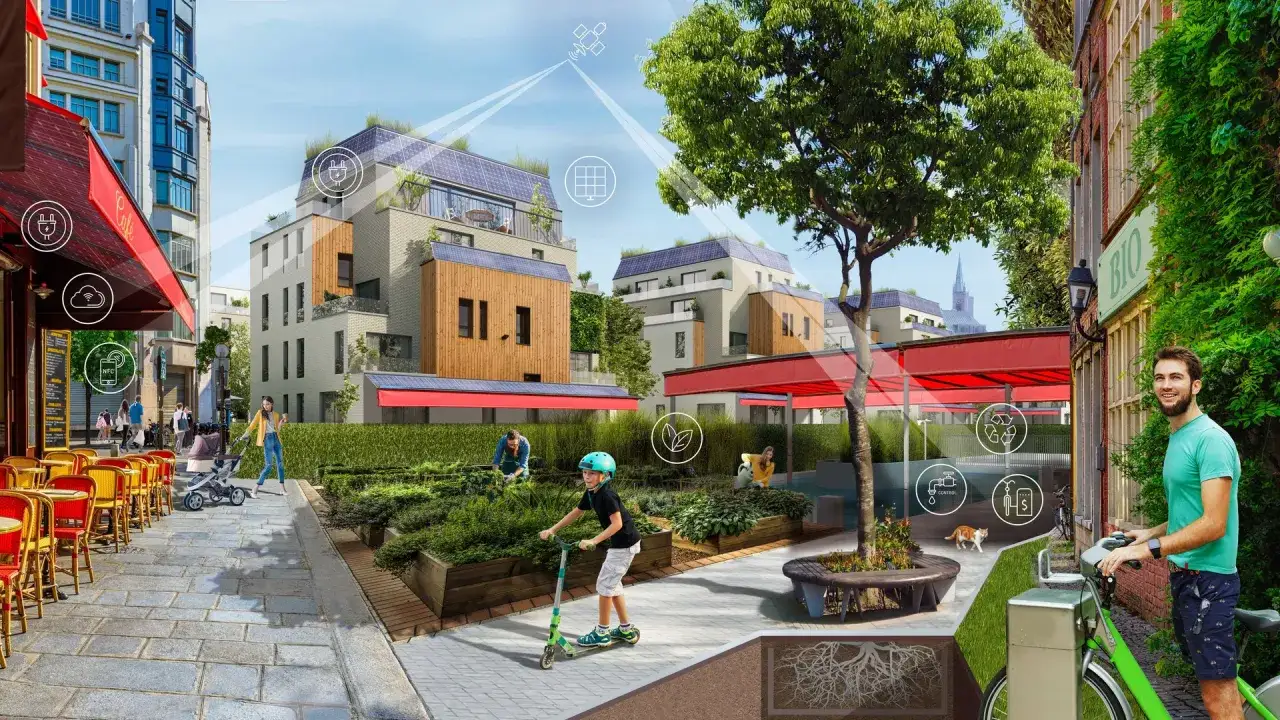 Eine grüne, vernetzte zukunfts stadt mit Solardächern, Gemeinschaftsgärten und smarten Technologien. Menschen genießen das Leben im Freien.