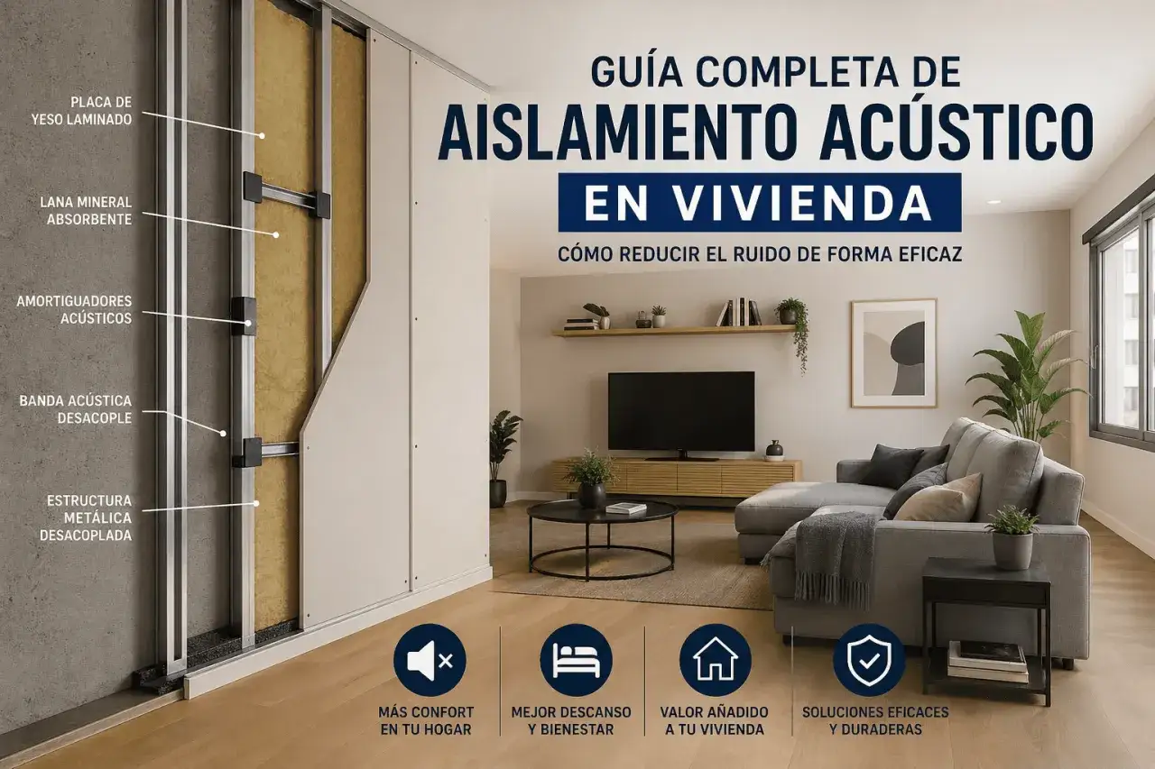 Gu&iacute;a para insonorizar habitaci&oacute;n: detalle de materiales (placa de yeso, lana mineral, amortiguadores) y sal&oacute;n moderno.