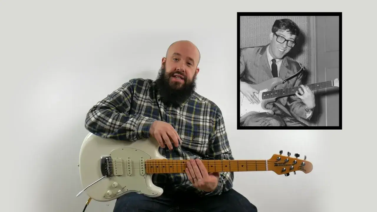 Brodaty mężczyzna z gitarą obok czarno-białego zdjęcia członka zespołu The Shadows, grającego na gitarze.