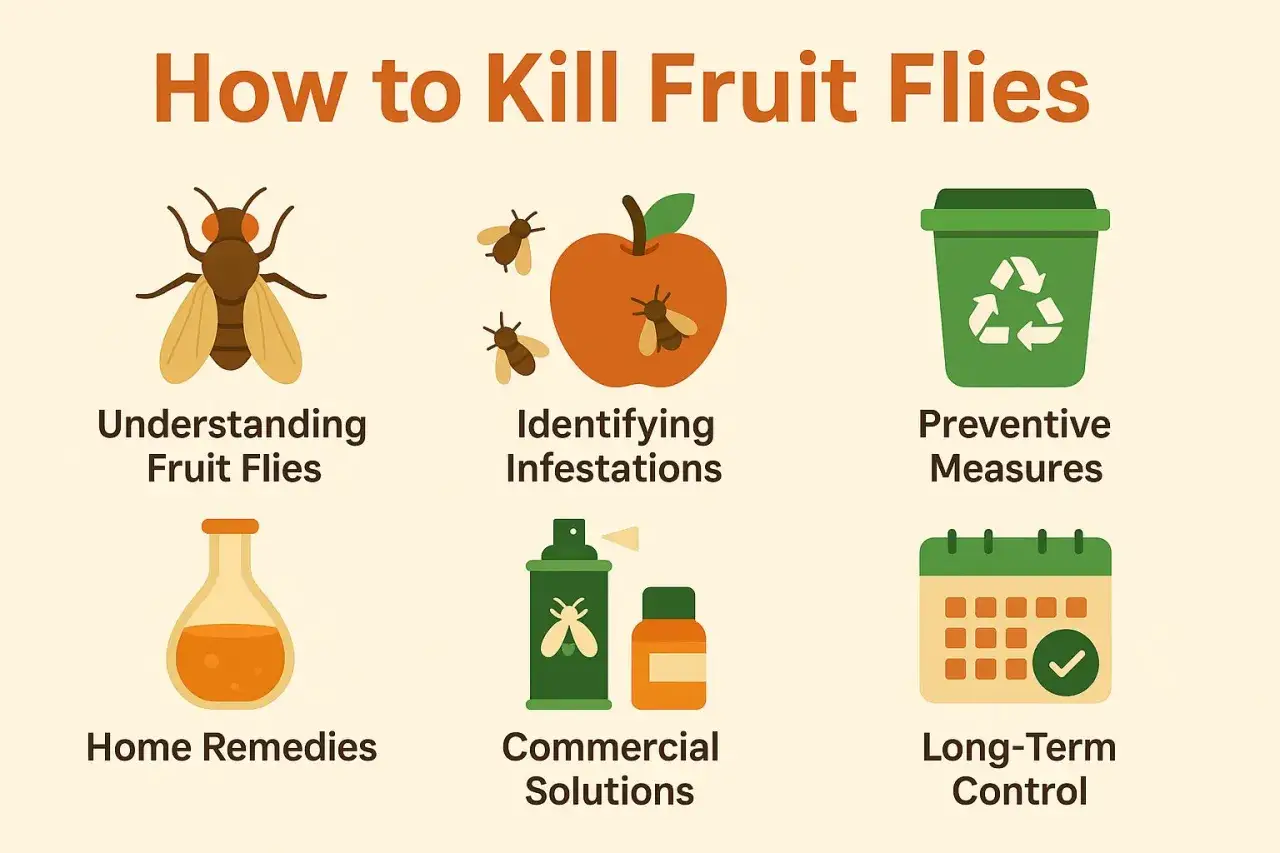 Gu&iacute;a visual sobre c&oacute;mo eliminar moscas de la fruta: identificaci&oacute;n, remedios caseros, soluciones comerciales y control a largo plazo.